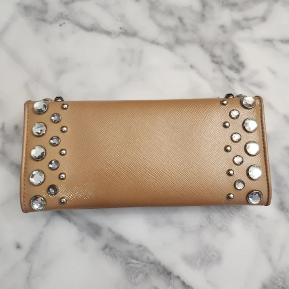 Authentic PRADA Saffiano Patent Leather Vernice Crystal Studded Flap Long Wallet - Picture 3 of 11